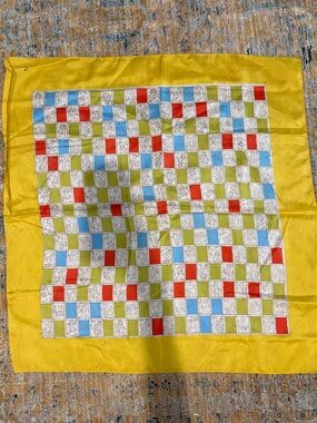 Vintage 60’s Yellow Checkerboard Silk Scarf with Red, Blue, and Green Accents